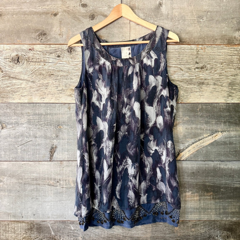 Da-Nang 100% Silk Feather Print Beaded Sequin Tunic‎ Top M Blue Ethereal Fairy